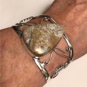 Mexican Laguna Lace Agate Stamped 925 Sterling Silver Cuff Bracelet